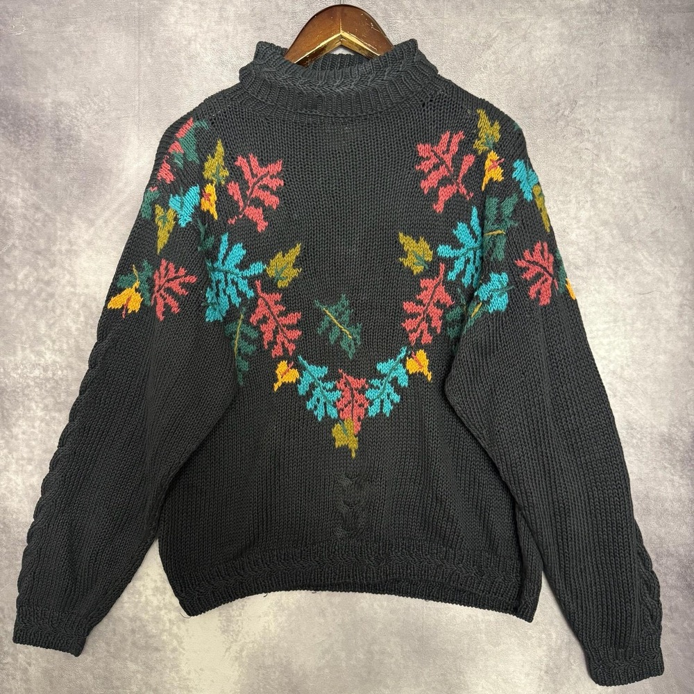 Vintage Woolrich Sweater Women Size Large Black Floral Leaf Mock Neck Knit - Picture 2 of 10